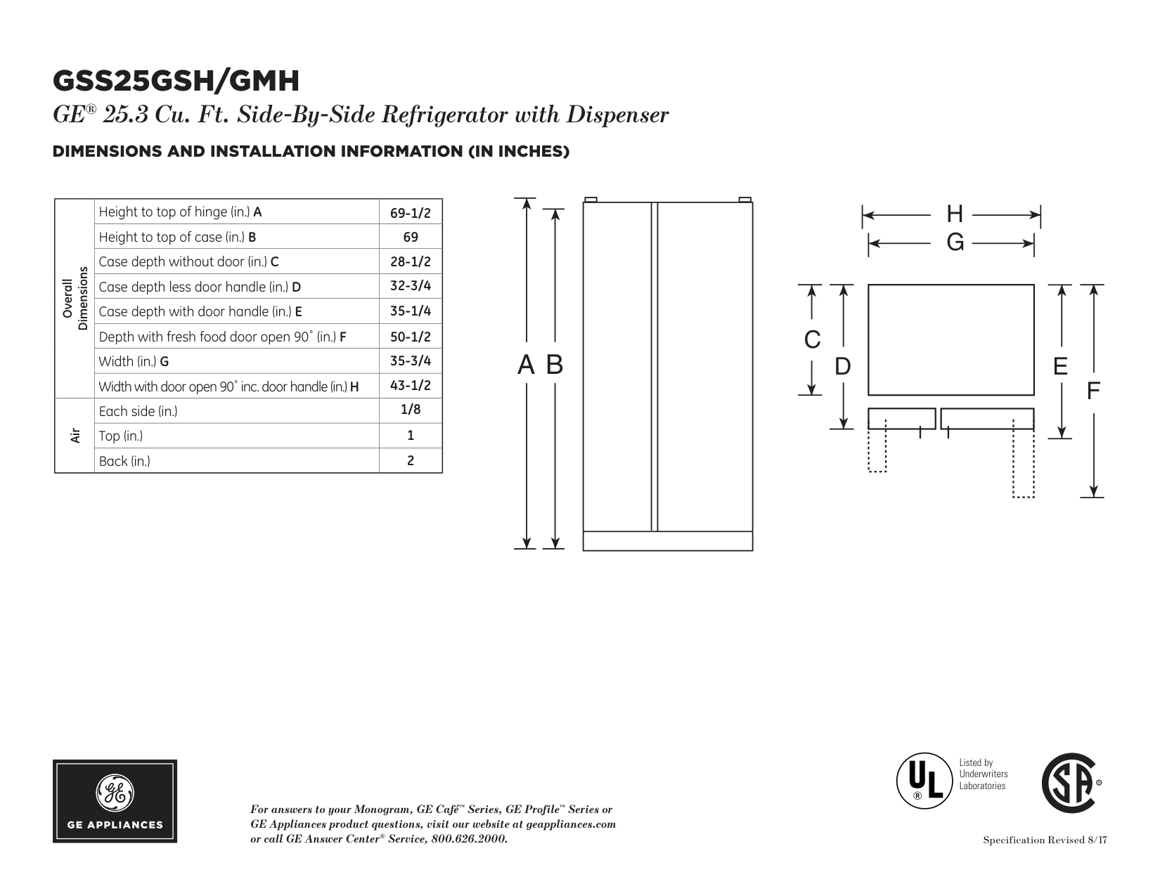 Dimension drawing for the GE GSS25GSHSS, from the manufacturer document