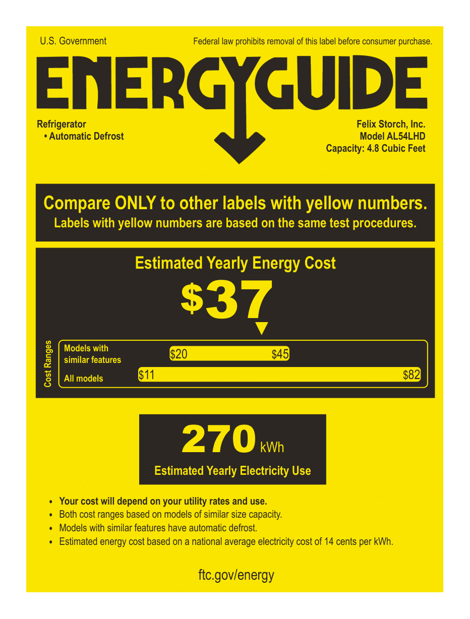 EnergyGuide label for the Summit Appliance AL54LHD, from the manufacturer document