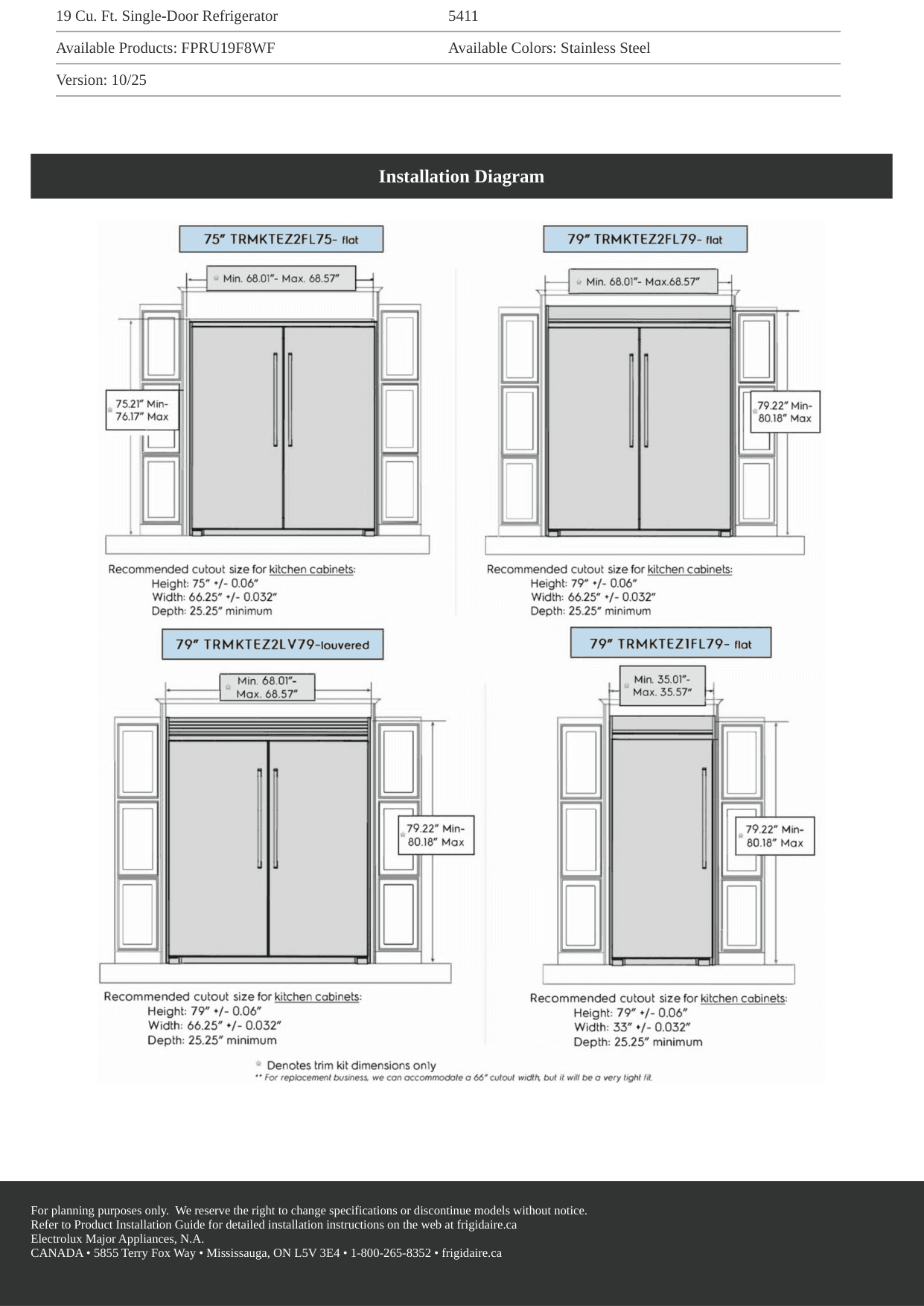Installation diagram for the Frigidaire Gallery FPRU19F8WF, from the manufacturer document