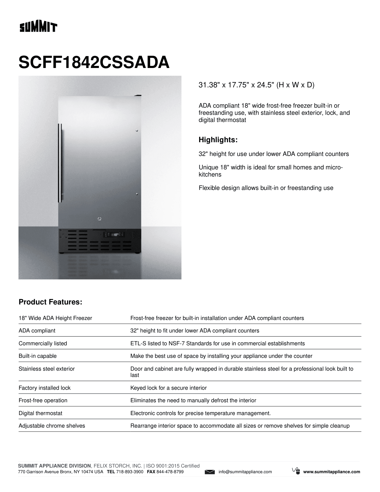 Dimension drawing for the Summit Appliance SCFF1842CSSADA, from the manufacturer document
