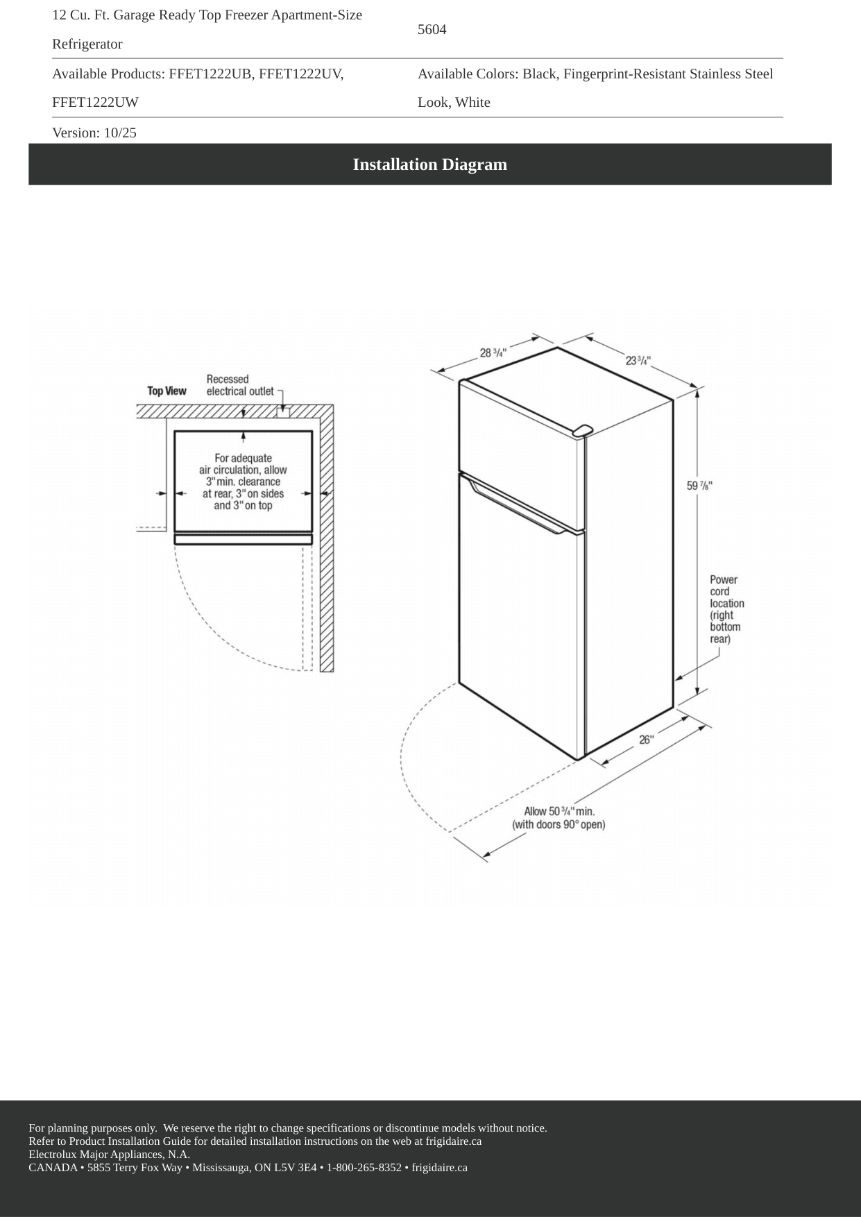 Installation diagram for the Frigidaire FFET1222UV, from the manufacturer document