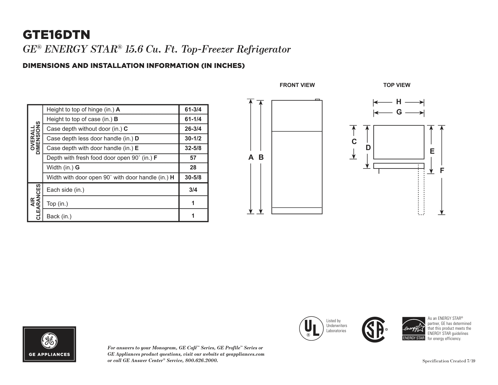 Dimension drawing for the GE GTE16DTNLWW, from the manufacturer document