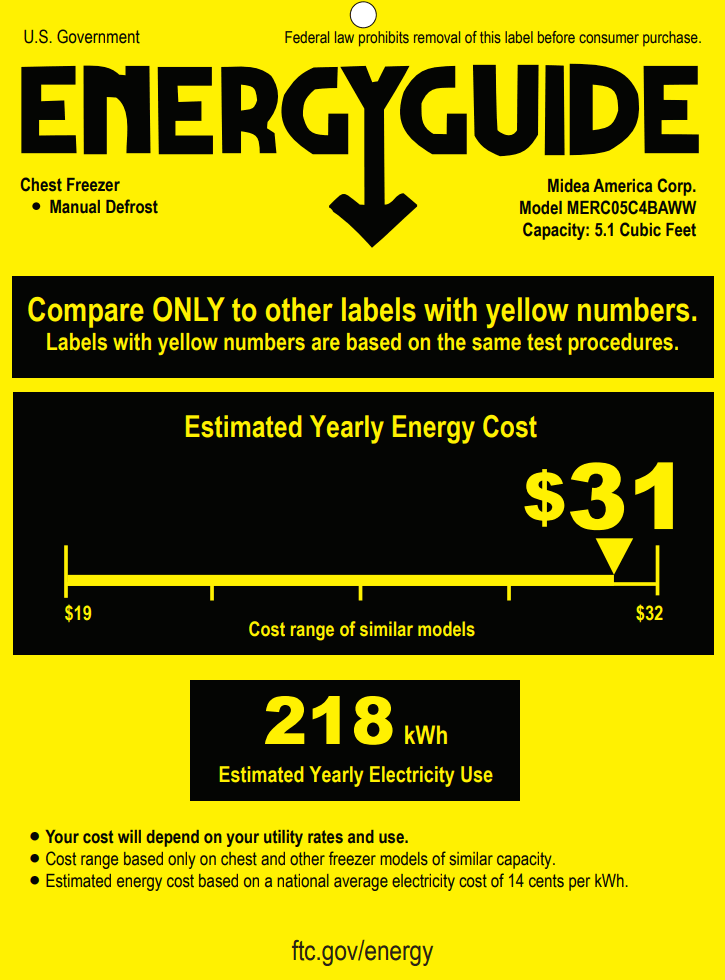 EnergyGuide label for the Midea MERC05C4BAWW, from the manufacturer document