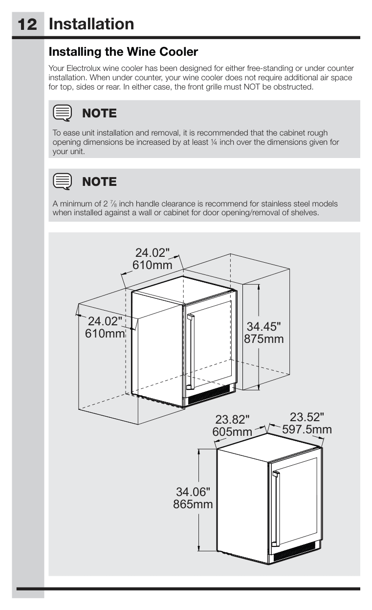 Dimension drawing for the Electrolux EI24WC15VS, from the manufacturer document