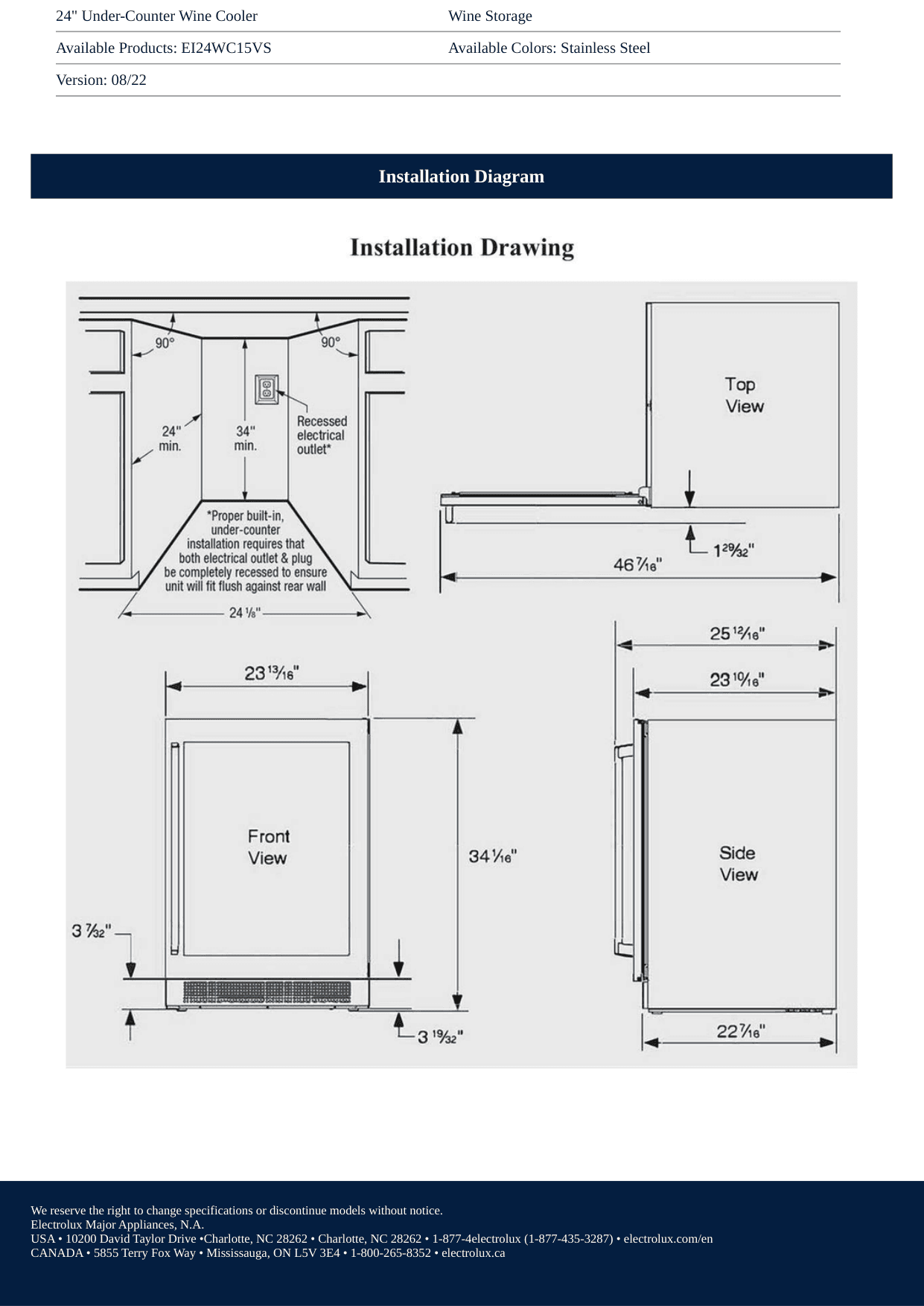 Dimension drawing for the Electrolux EI24WC15VS, from the manufacturer document