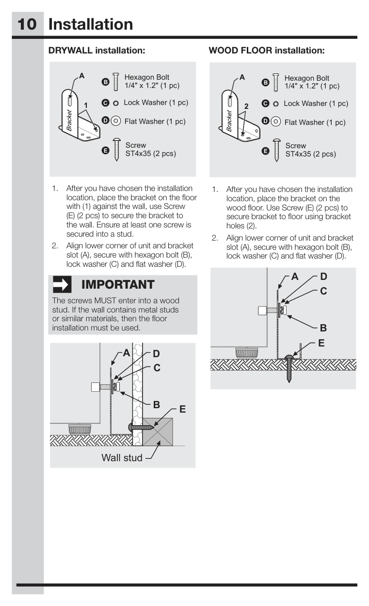 Installation diagram for the Electrolux EI24WC15VS, from the manufacturer document