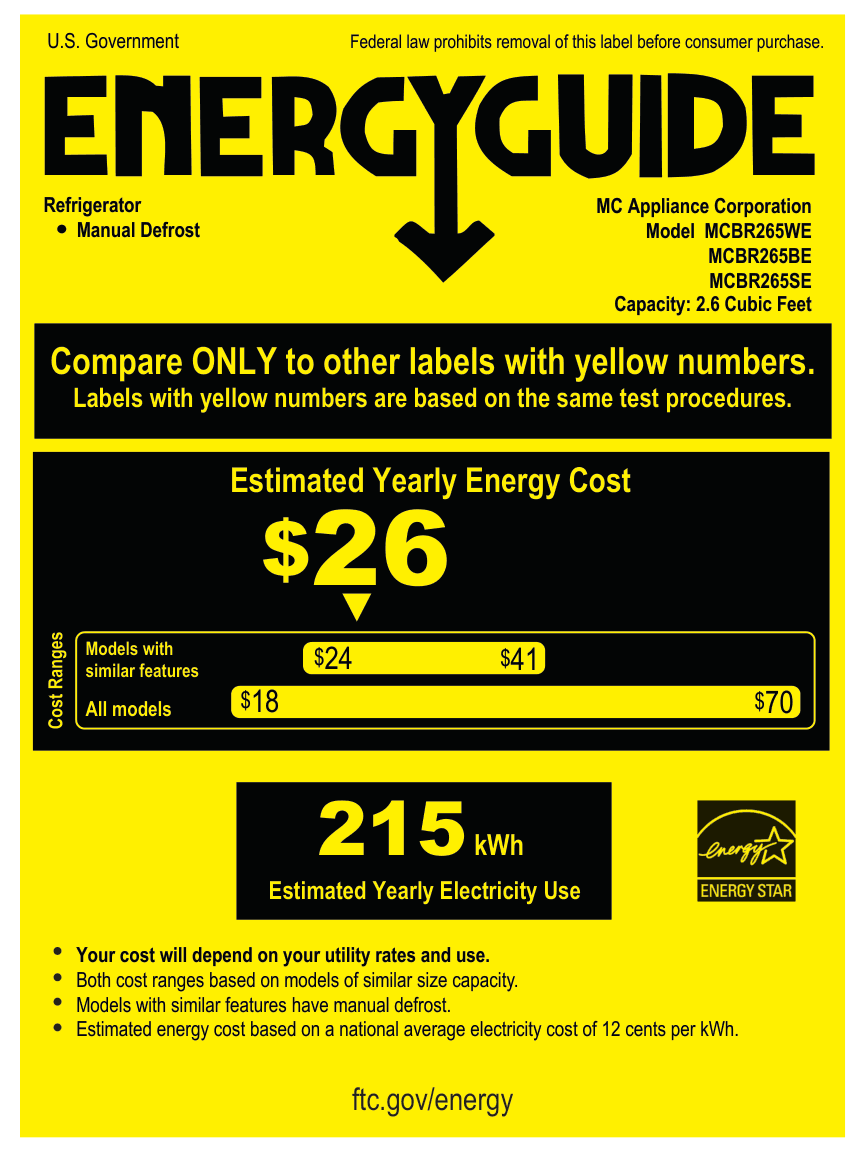 EnergyGuide label for the Magic Chef MCBR265BE, from the manufacturer document