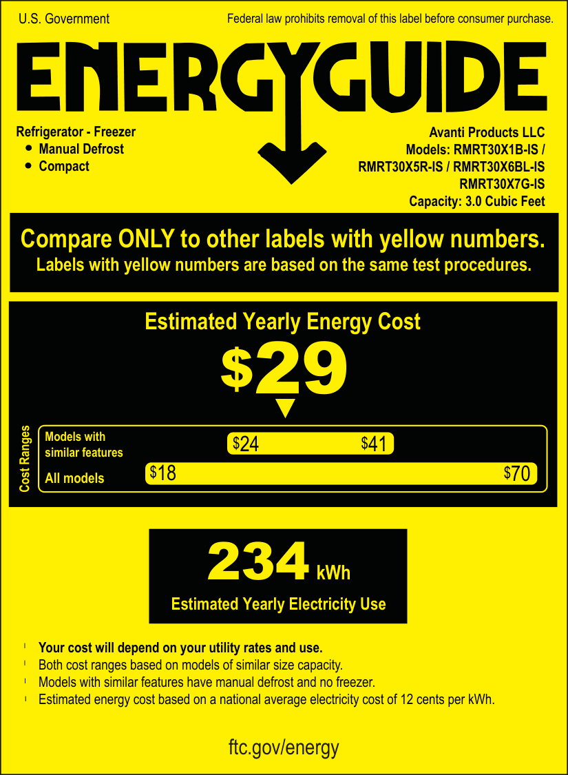 EnergyGuide label for the Avanti RMRT30X1B-IS, from the manufacturer document