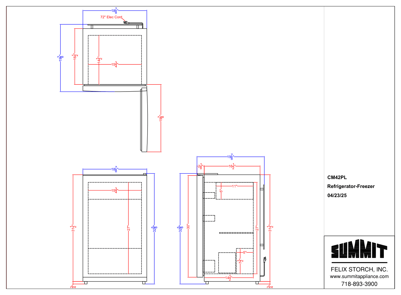 Dimension drawing for the Summit Appliance CM42PLLHD, from the manufacturer document