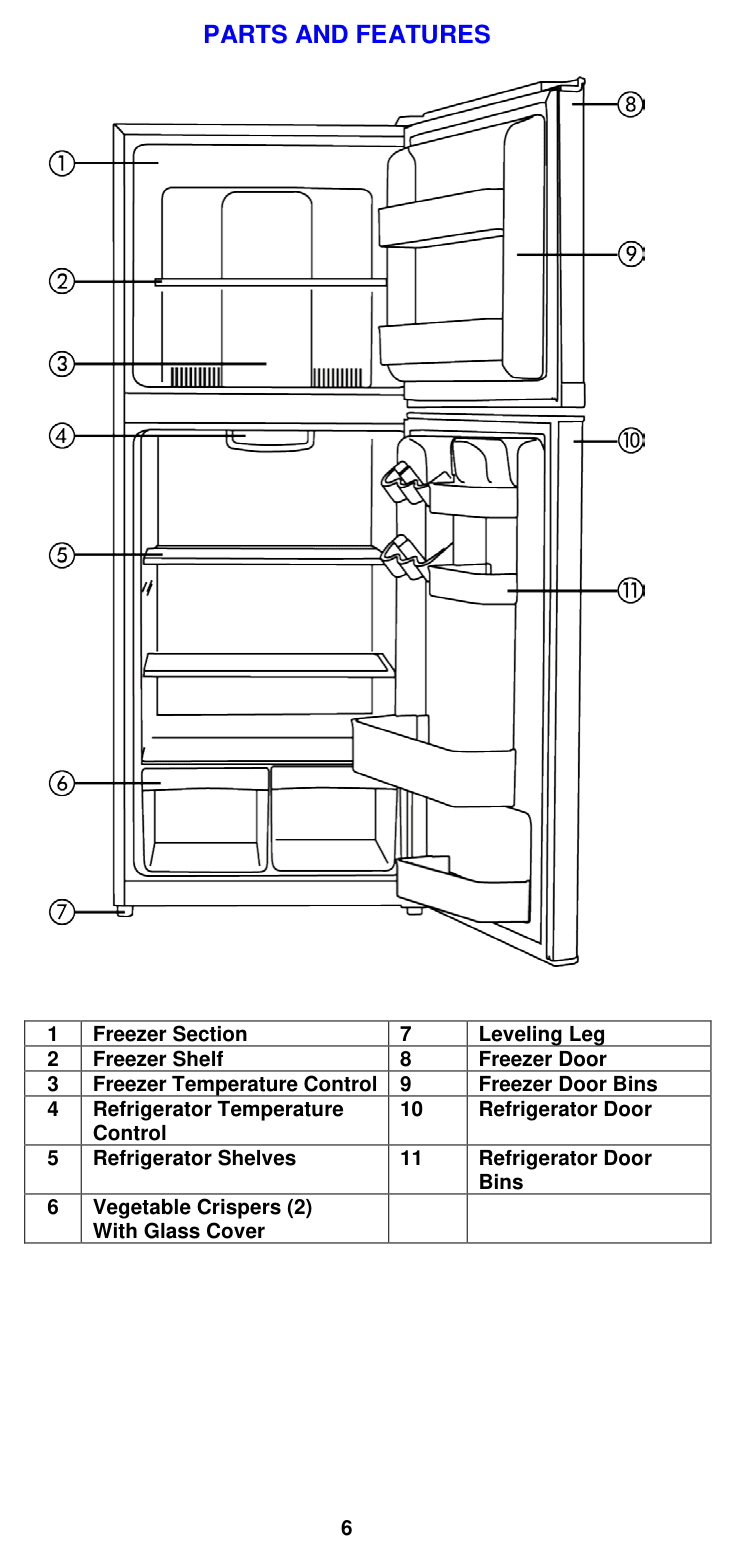 Parts diagram for the Avanti FF116B0W, from the manufacturer document