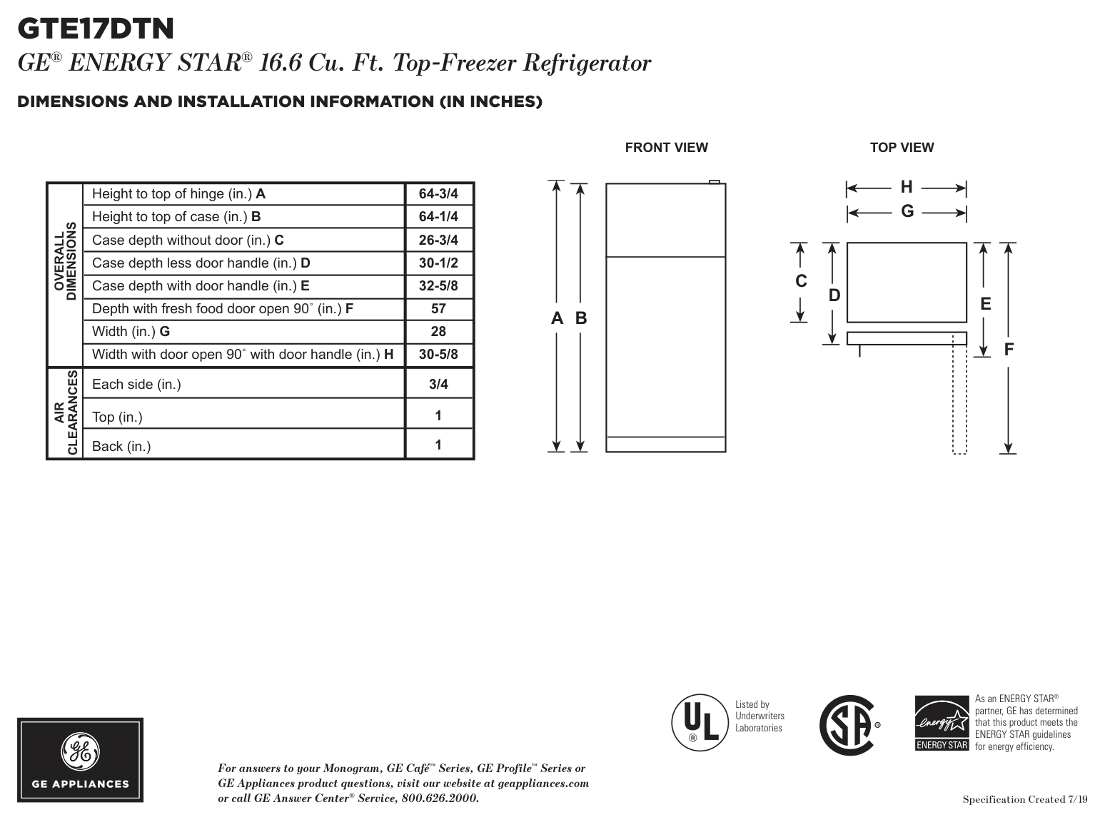 Dimension drawing for the GE GTE17DTNRCC, from the manufacturer document