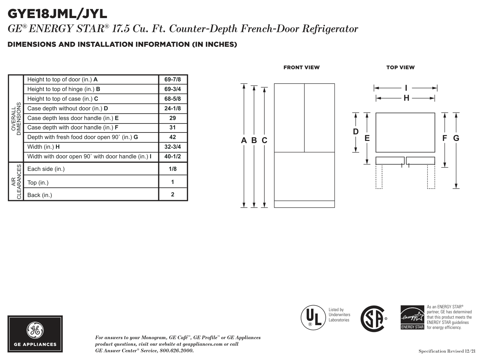 Dimension drawing for the GE GYE18JMLES, from the manufacturer document