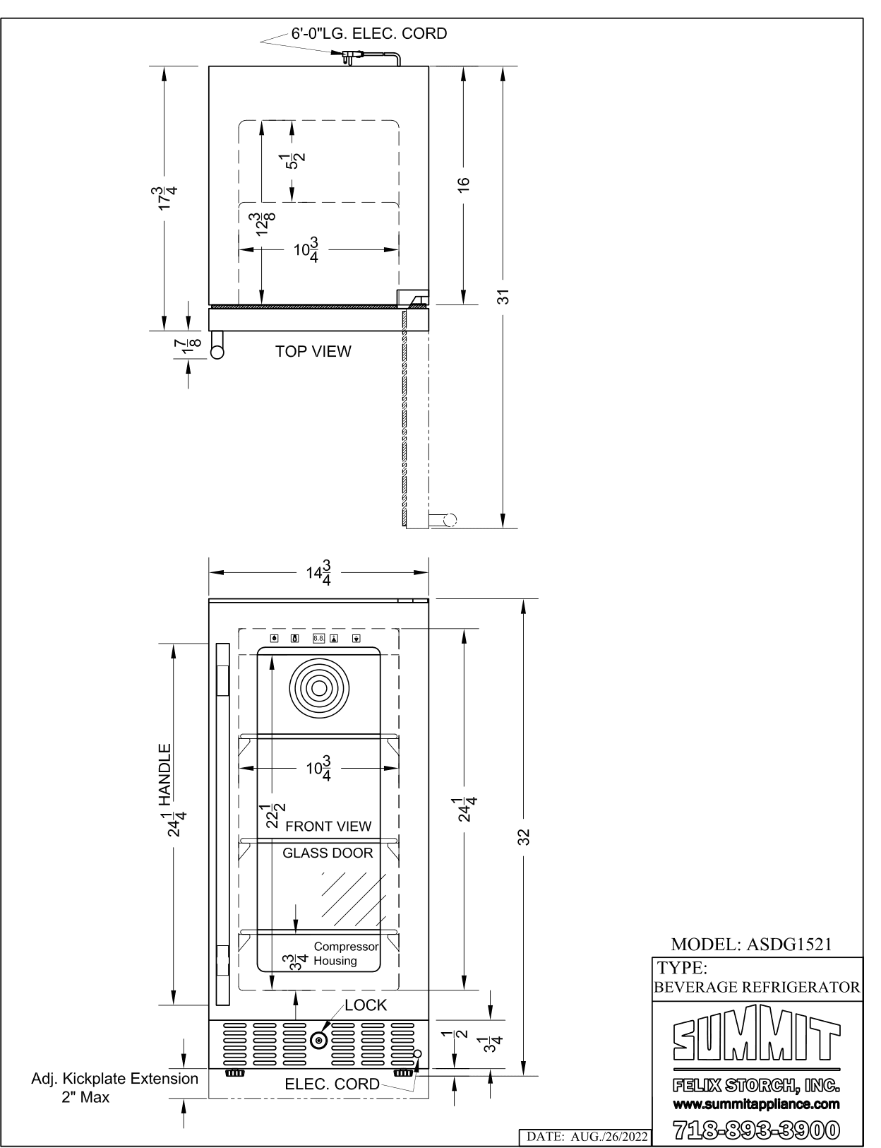 Dimension drawing for the Summit Appliance ASDG1521, from the manufacturer document