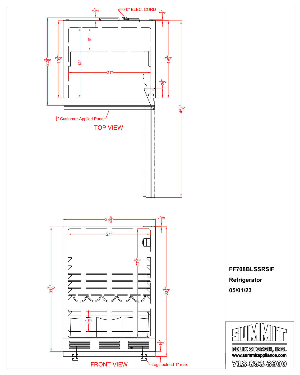 Dimension drawing for the Summit Appliance FF708BLSSRSIF, from the manufacturer document