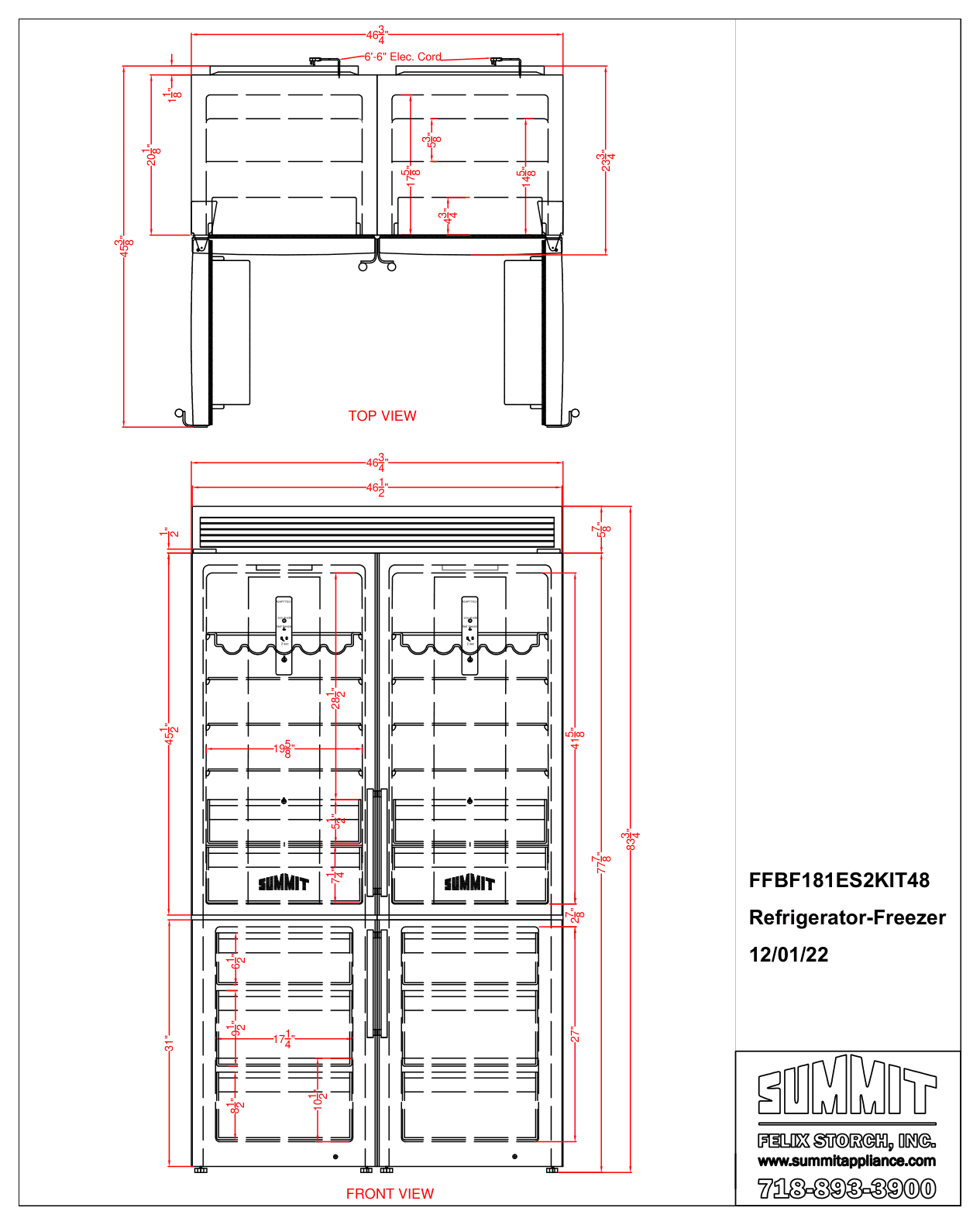 Dimension drawing for the Summit Appliance FFBF181ES2KIT48, from the manufacturer document