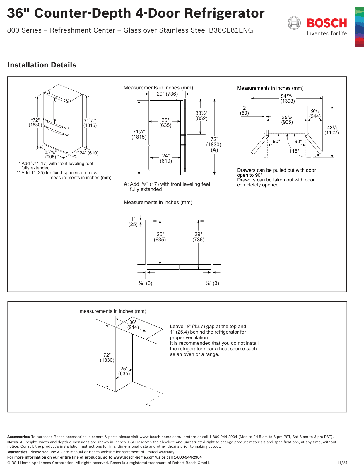Dimension drawing for the Bosch B36CL81ENG, from the manufacturer document