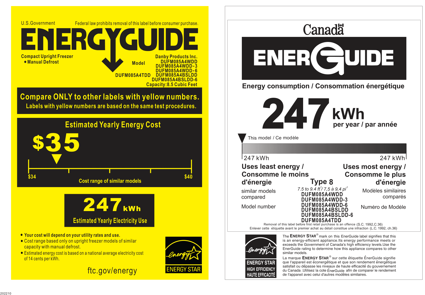 EnergyGuide label for the Danby DUFM085A4BSLDD, from the manufacturer document
