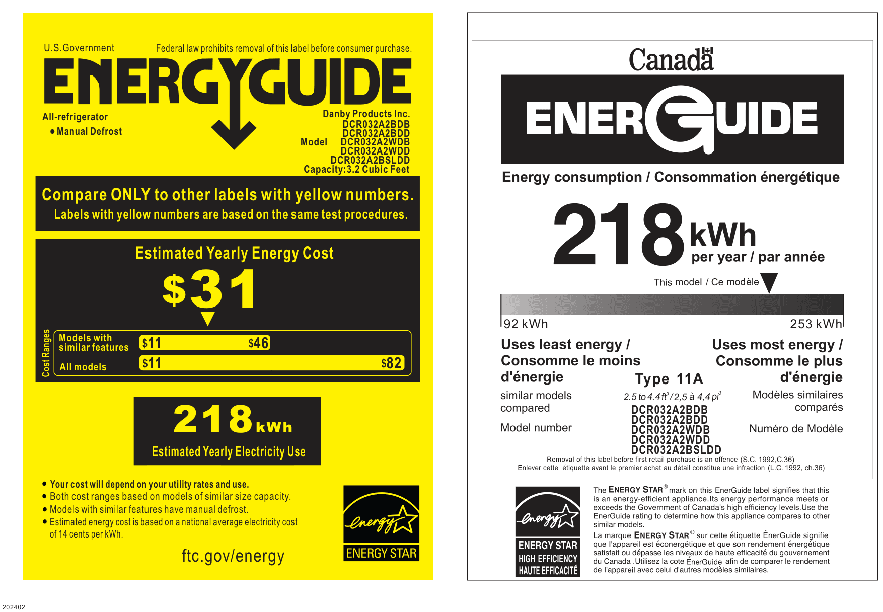EnergyGuide label for the Danby DCR032A2BSLDD, from the manufacturer document