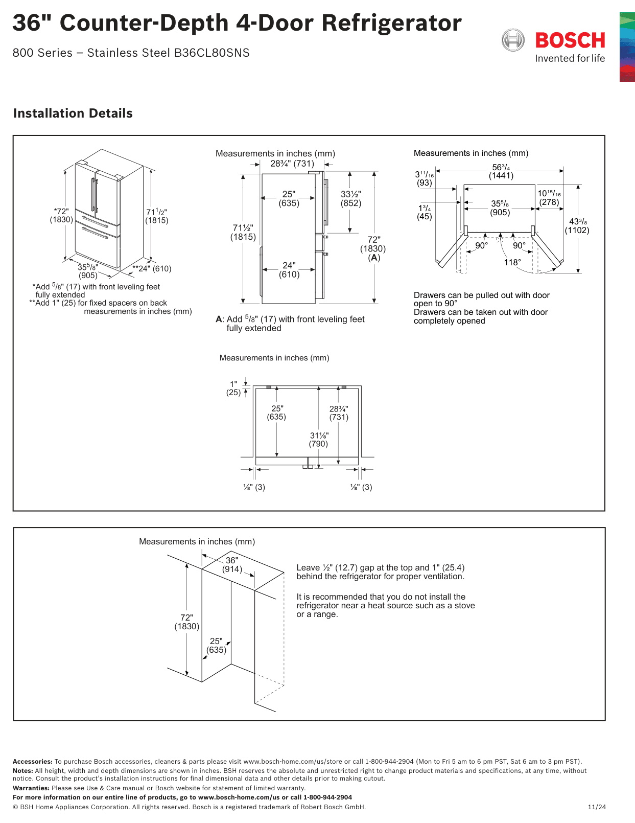 Dimension drawing for the Bosch B36CL80SNS, from the manufacturer document