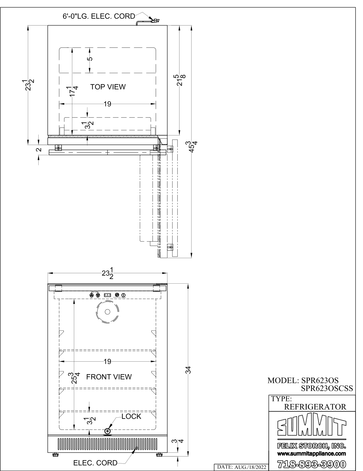 Dimension drawing for the Summit Appliance SPR623OS, from the manufacturer document