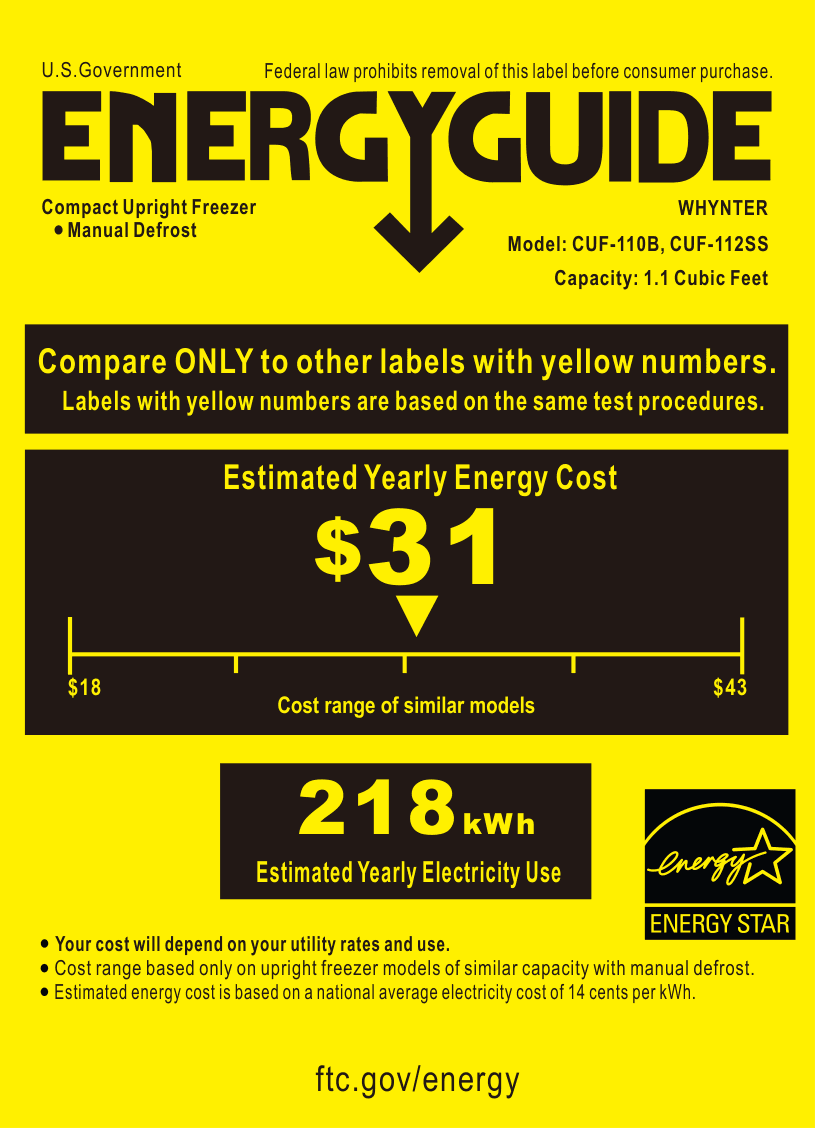 EnergyGuide label for the Whynter CUF-112SS, from the manufacturer document