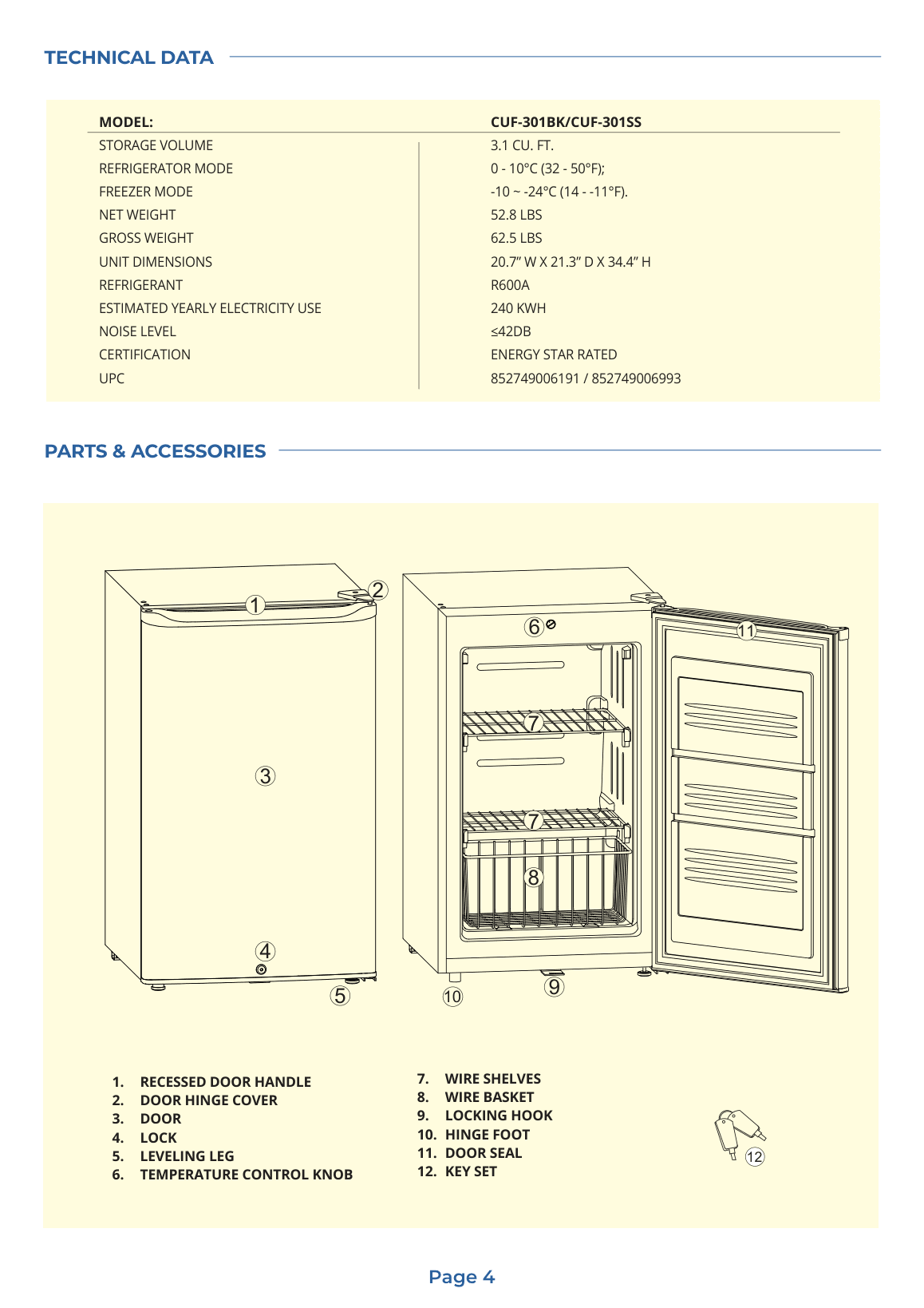 Parts diagram for the Whynter CUF-301BK, from the manufacturer document