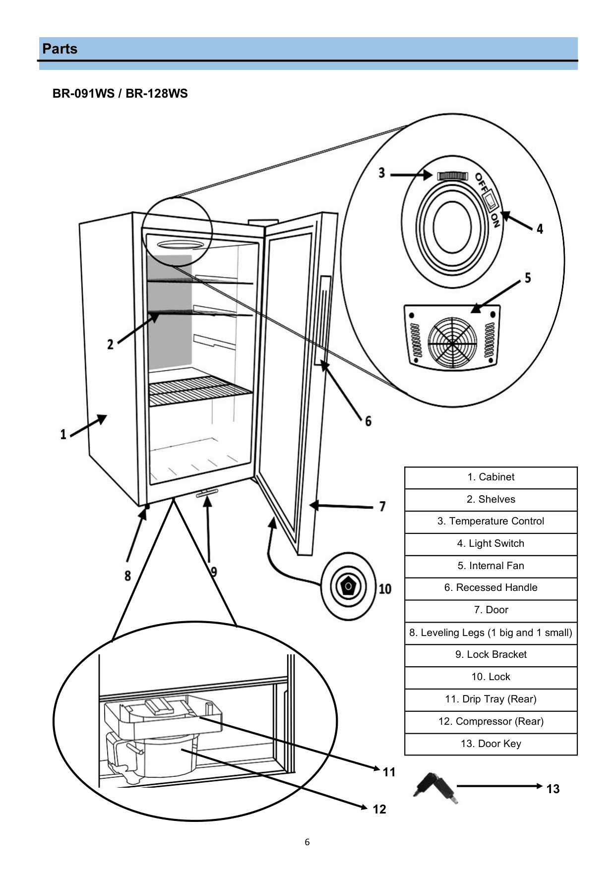Parts diagram for the Whynter BR-091WS, from the manufacturer document