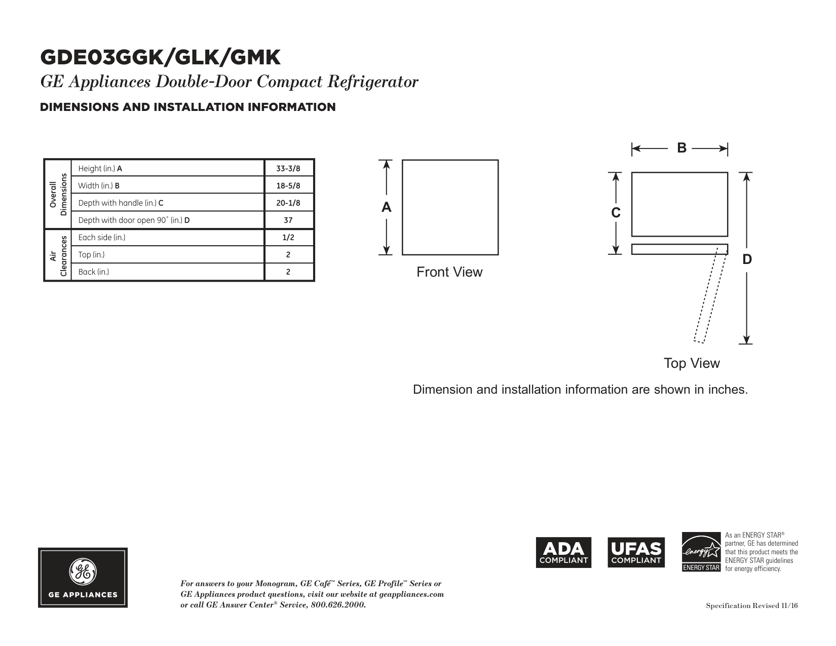 Dimension drawing for the GE Appliances GDE03GLKLB, from the manufacturer document