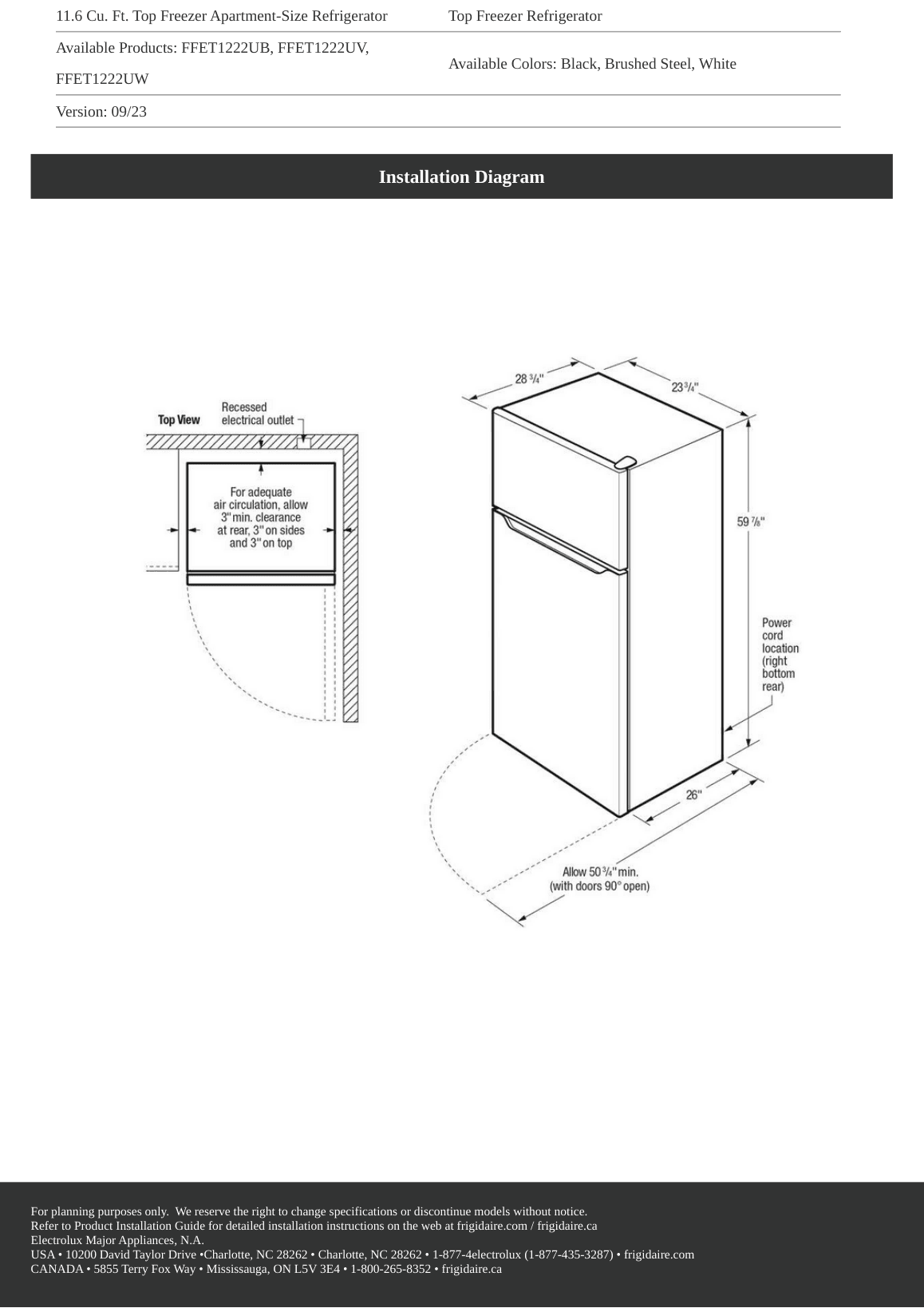 Dimension drawing for the Frigidaire FFET1222UB, from the manufacturer document