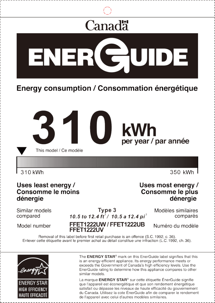 EnergyGuide label for the Frigidaire FFET1222UB, from the manufacturer document