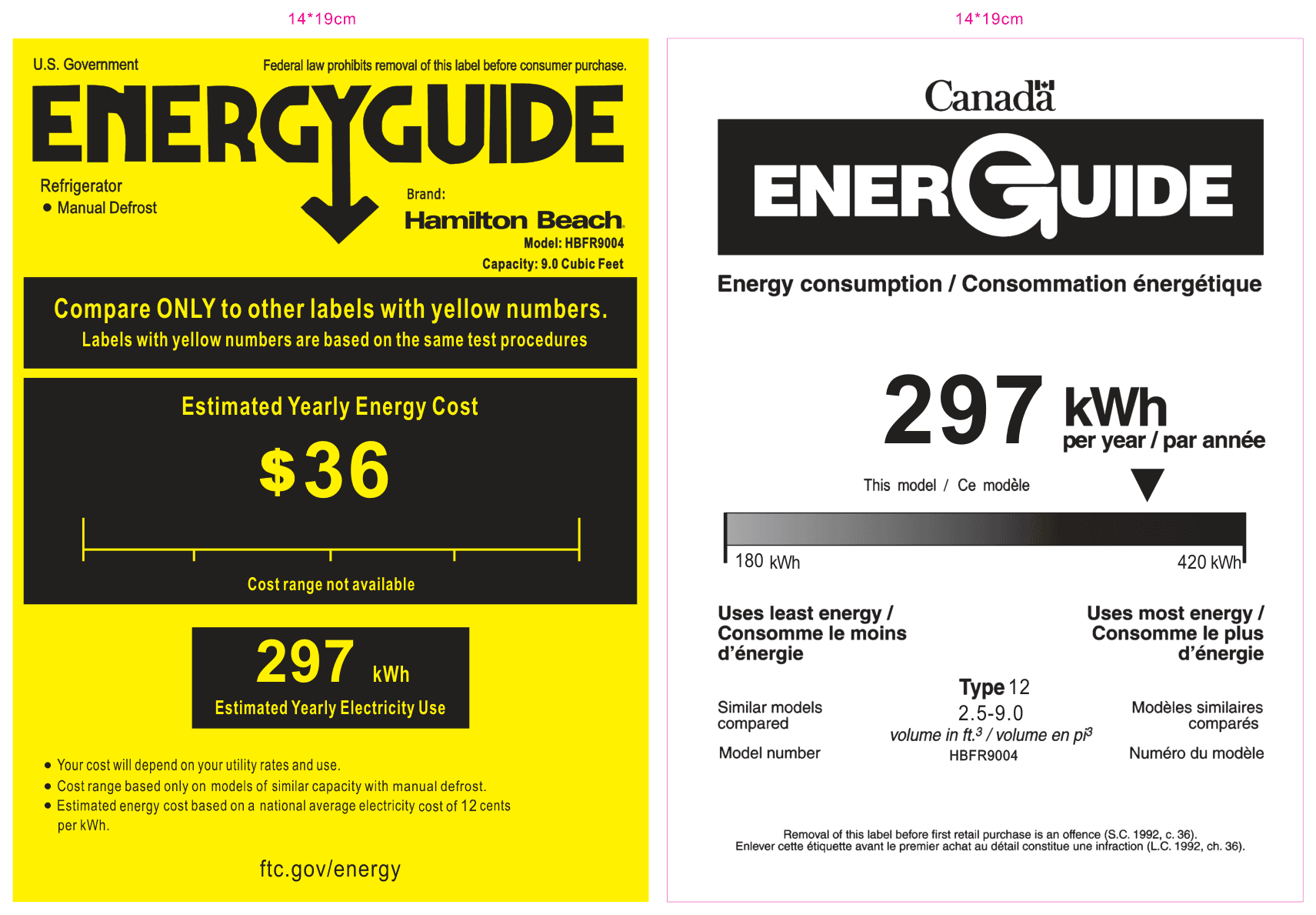 EnergyGuide label for the Hamilton Beach HBFR9004, from the manufacturer document