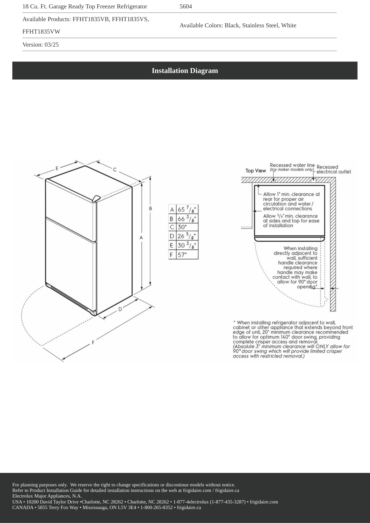 Dimension drawing for the Frigidaire FFHT1835VW, from the owner's manual