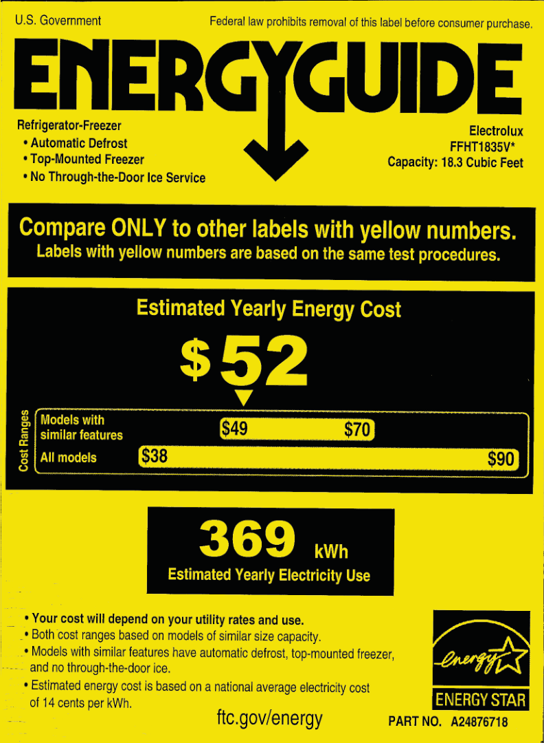 EnergyGuide label for the Frigidaire FFHT1835VW, from the owner's manual