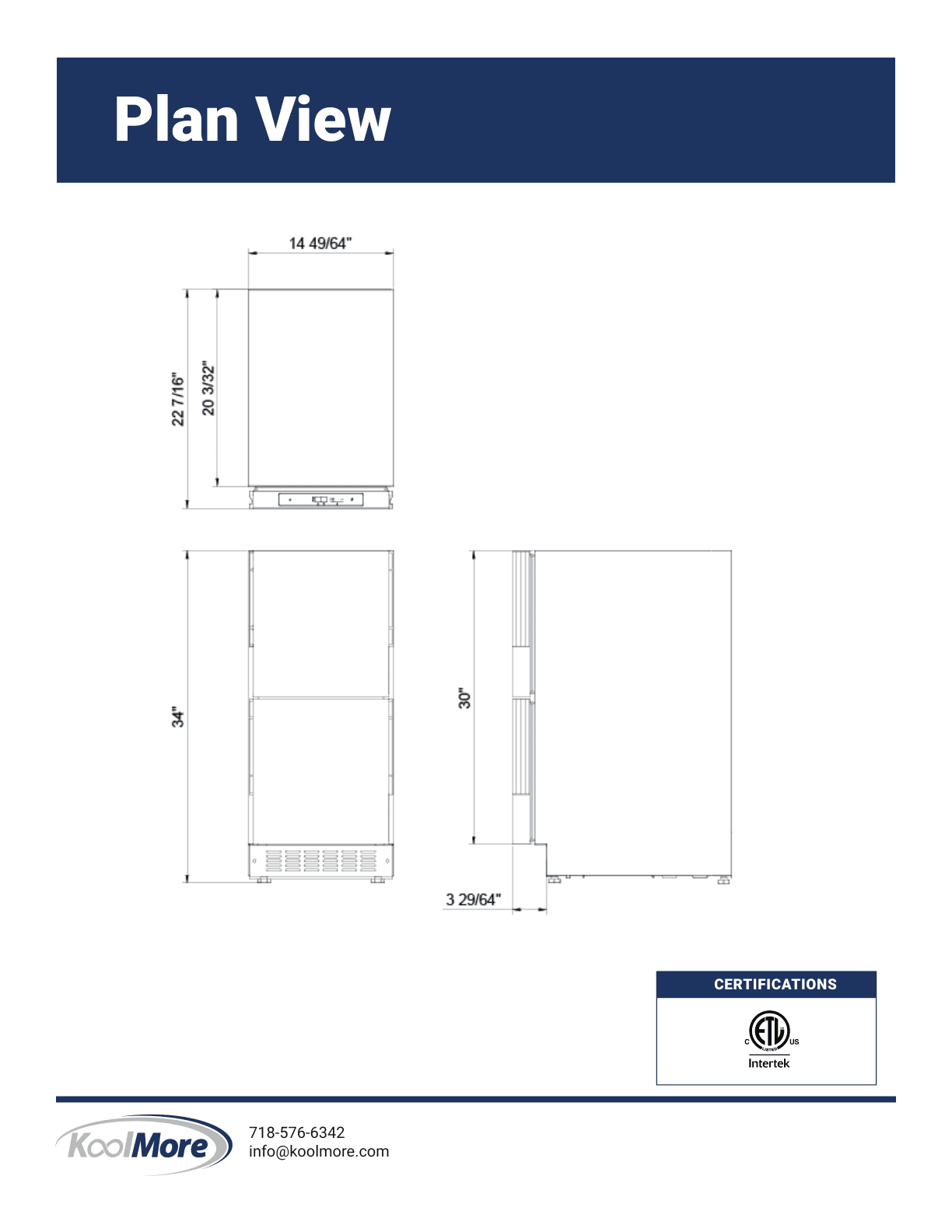 Dimension drawing for the KoolMore KM-BIR2D15-PR, from the owner's manual