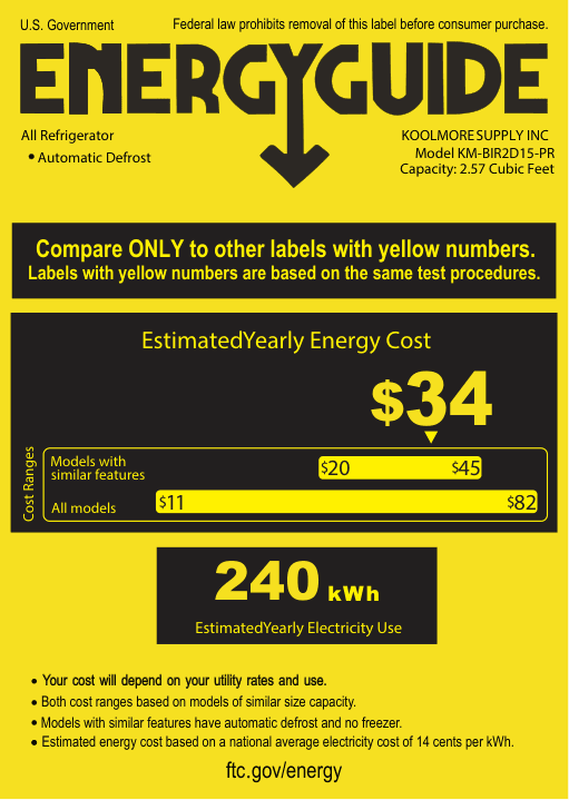EnergyGuide label for the KoolMore KM-BIR2D15-PR, from the owner's manual