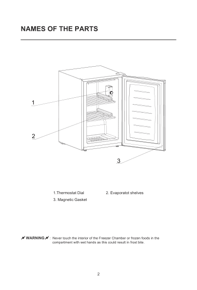 Parts diagram for the Magic Chef MCUF3W2, from the owner's manual