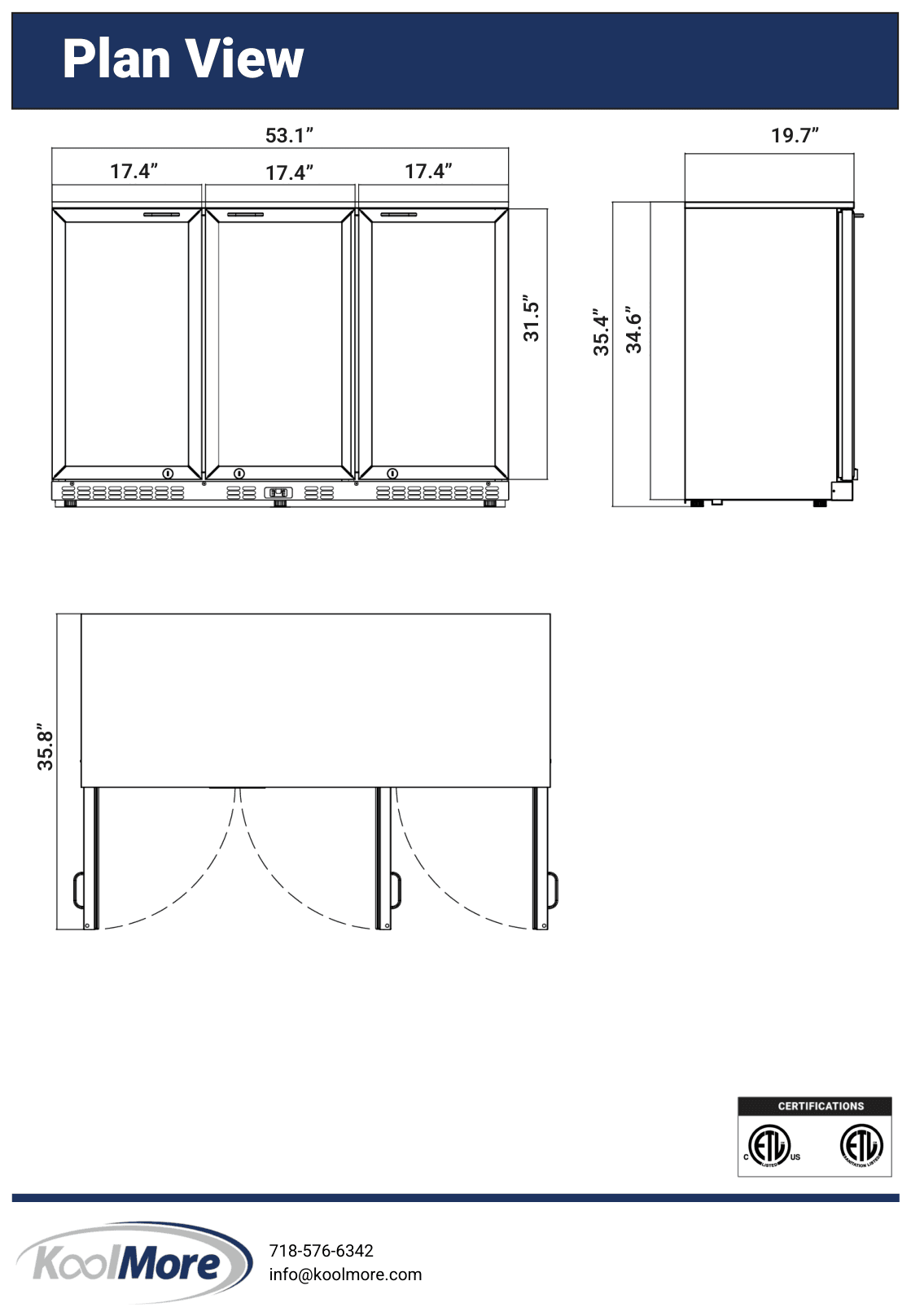 Dimension drawing for the KoolMore BC-3DSW-BK, from the manufacturer document