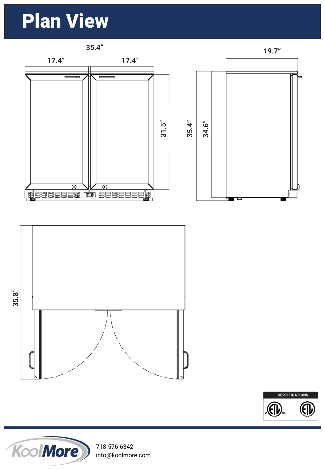 Dimension drawing for the KoolMore BC-2DSW-BK, from the manufacturer document