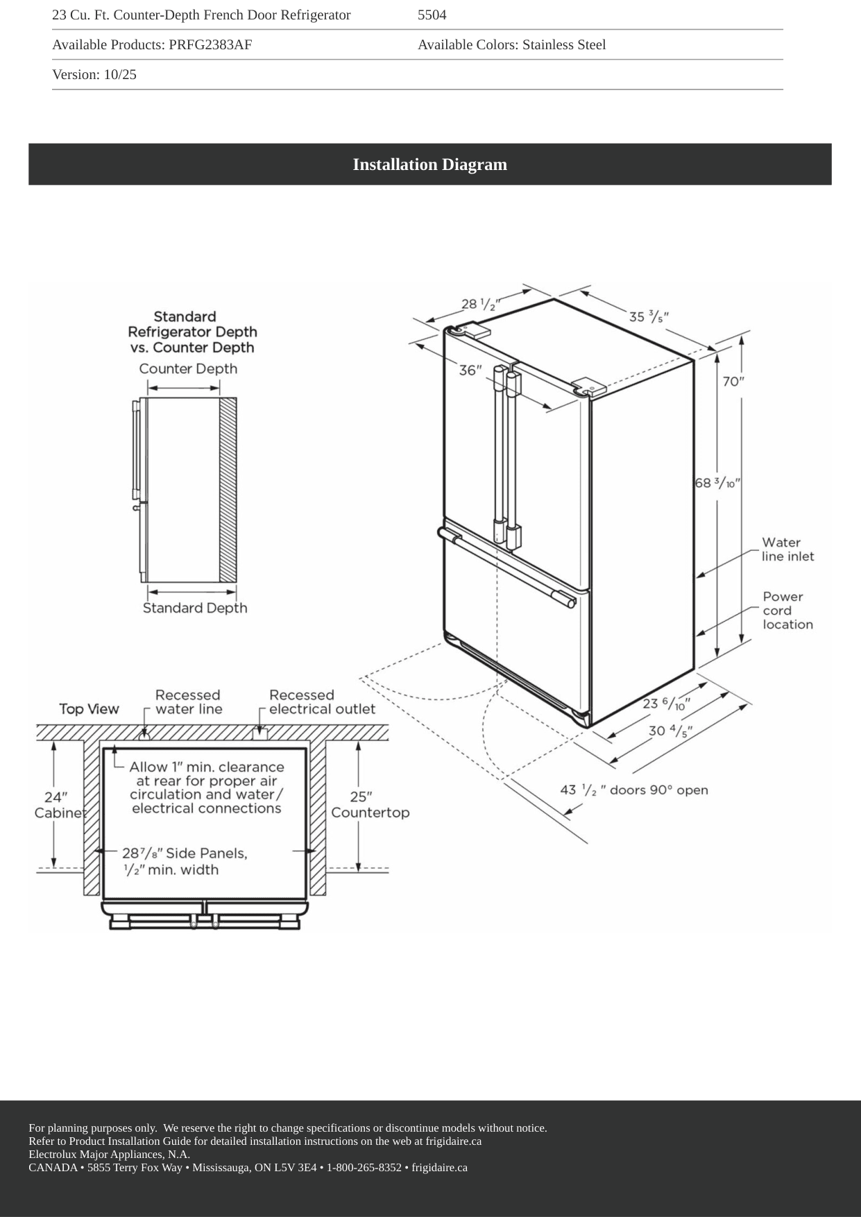 Installation diagram for the Frigidaire Professional PRFG2383AF, from the manufacturer document