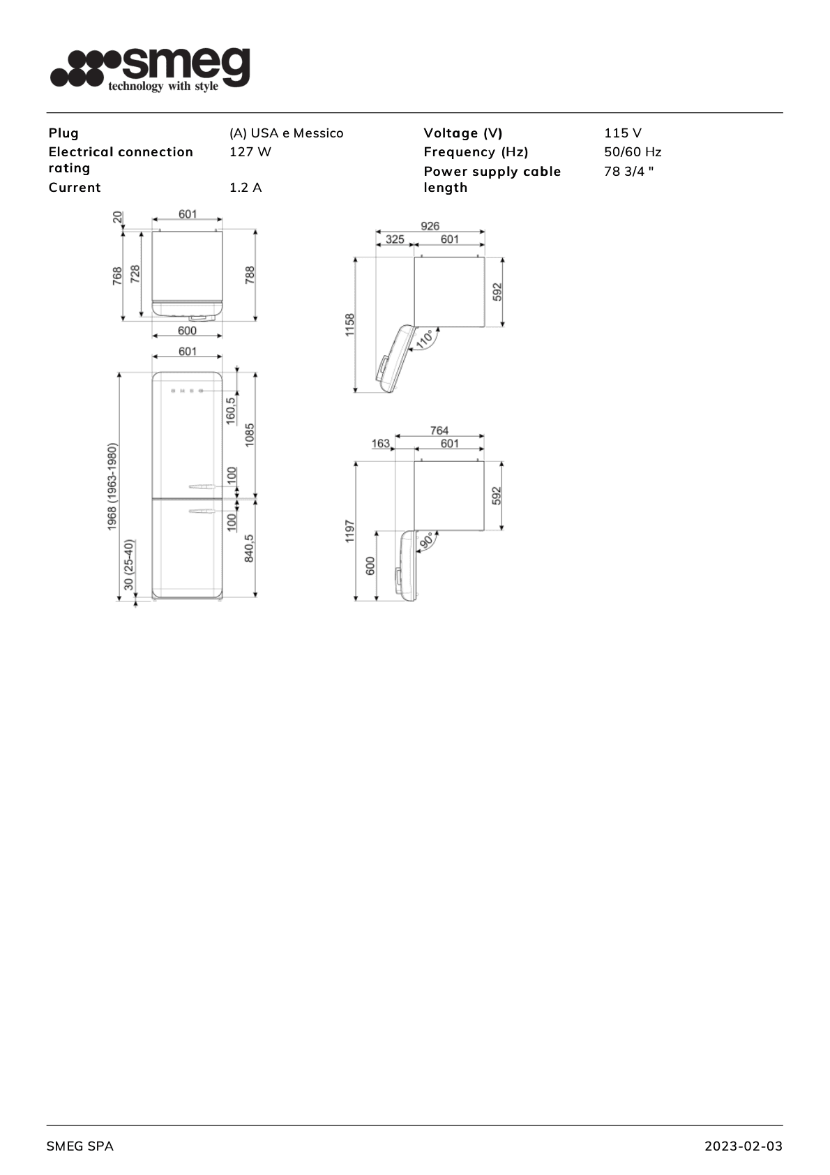 Dimension drawing for the Smeg FAB32ULBL3, from the owner's manual