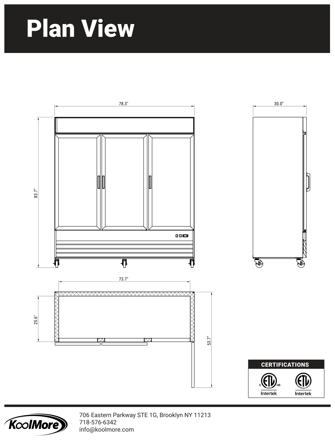 Dimension drawing for the KoolMore MDF-3GD-52C-WH, from the manufacturer document