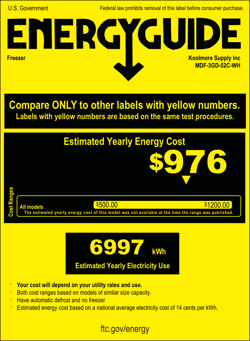 EnergyGuide label for the KoolMore MDF-3GD-52C-WH, from the manufacturer document