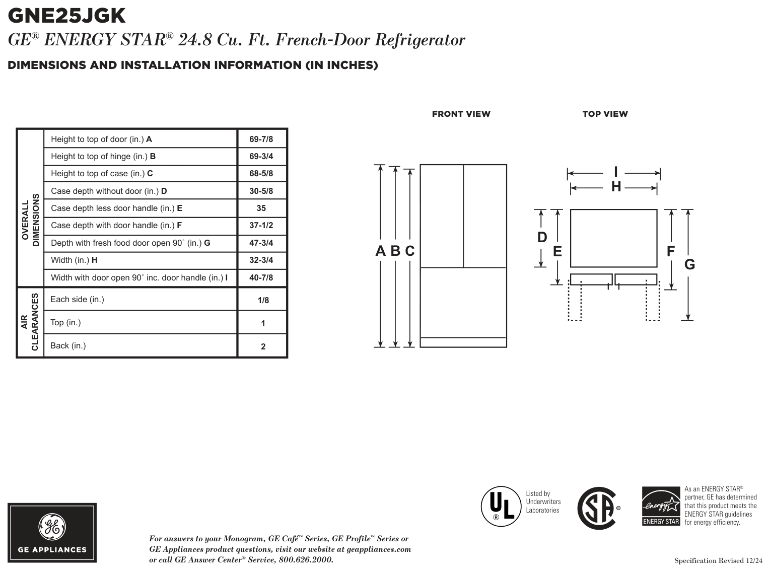 Dimension drawing for the GE GNE25JGKBB, from the manufacturer document
