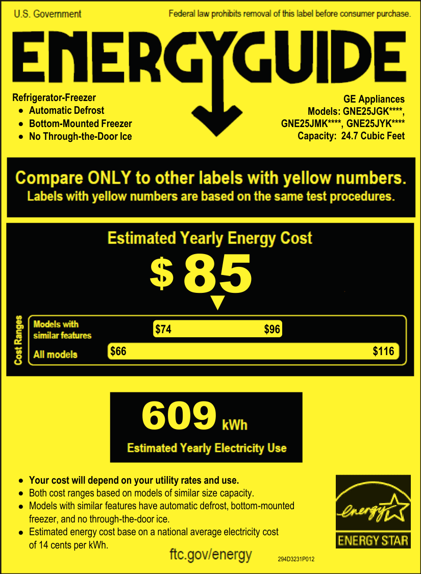 EnergyGuide label for the GE GNE25JGKBB, from the manufacturer document