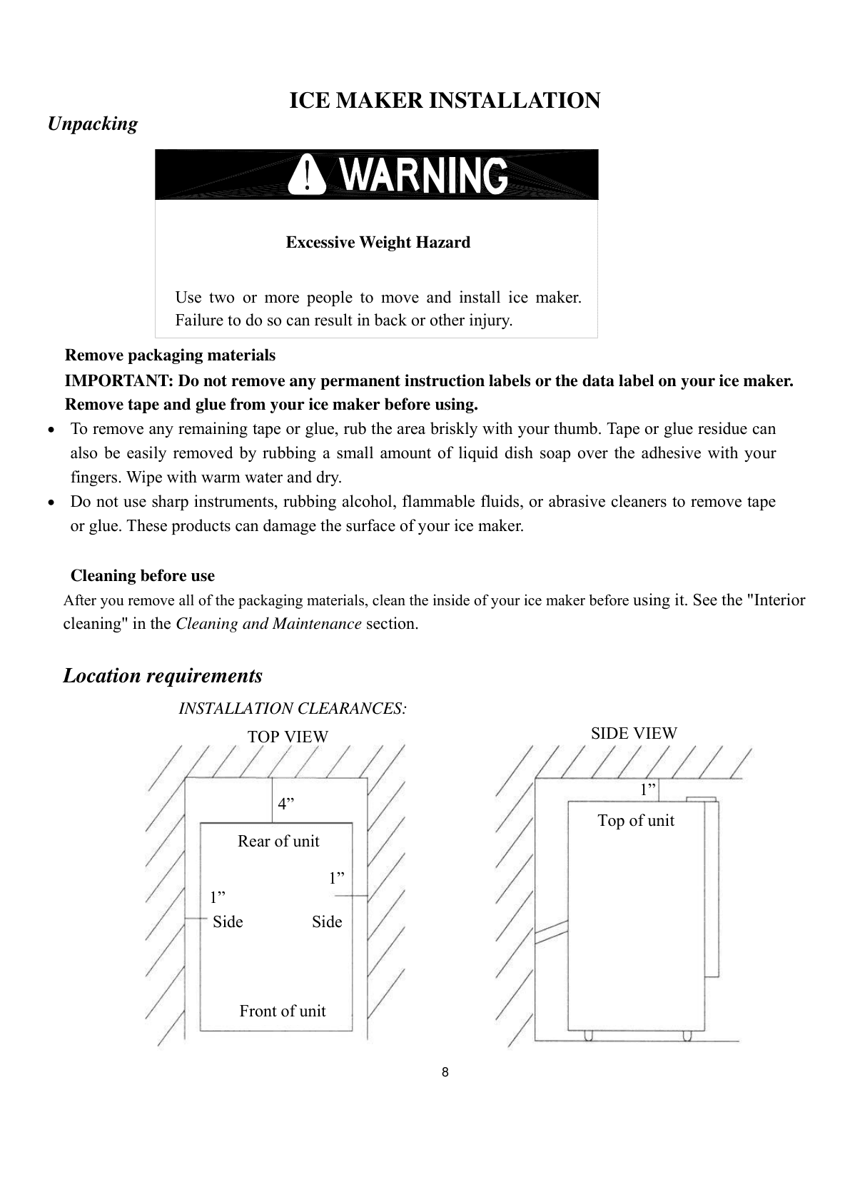 Installation diagram for the Maxx Ice MIM50, from the owner's manual