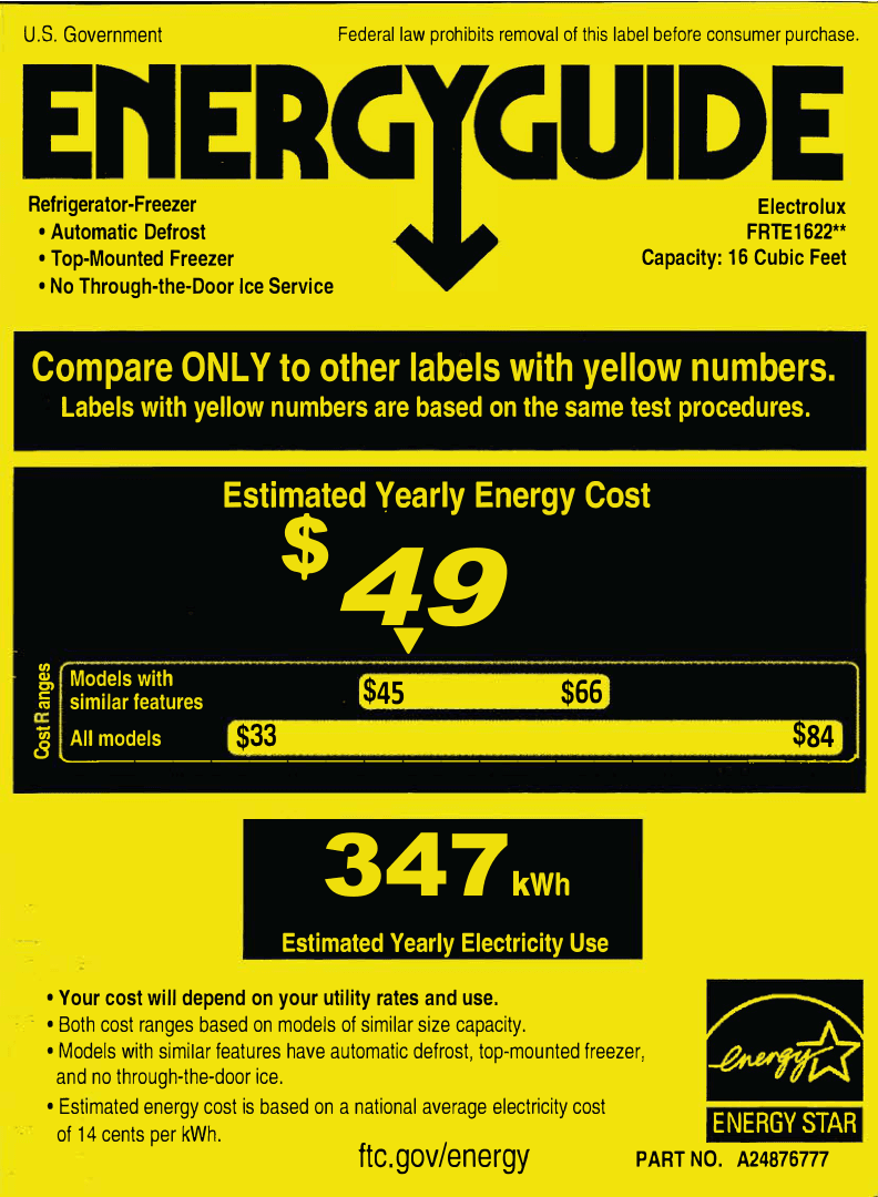EnergyGuide label for the Frigidaire FRTE1622AW, from the owner's manual