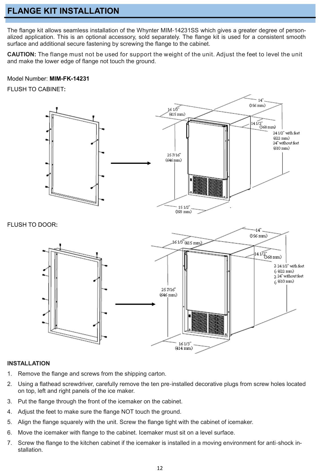 Dimension drawing for the Whynter MIM-14231SS, from the manufacturer document