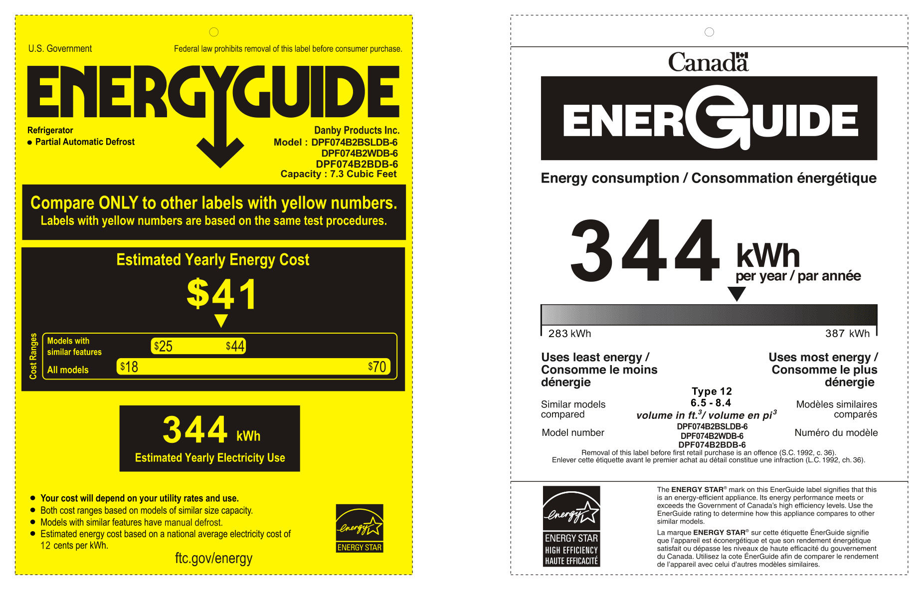 EnergyGuide label for the Danby DPF074B2WDB-6, from the manufacturer document