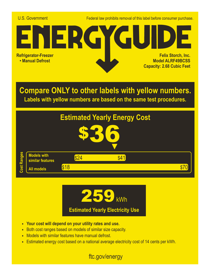EnergyGuide label for the Summit Appliance ALRF49BCSS, from the owner's manual