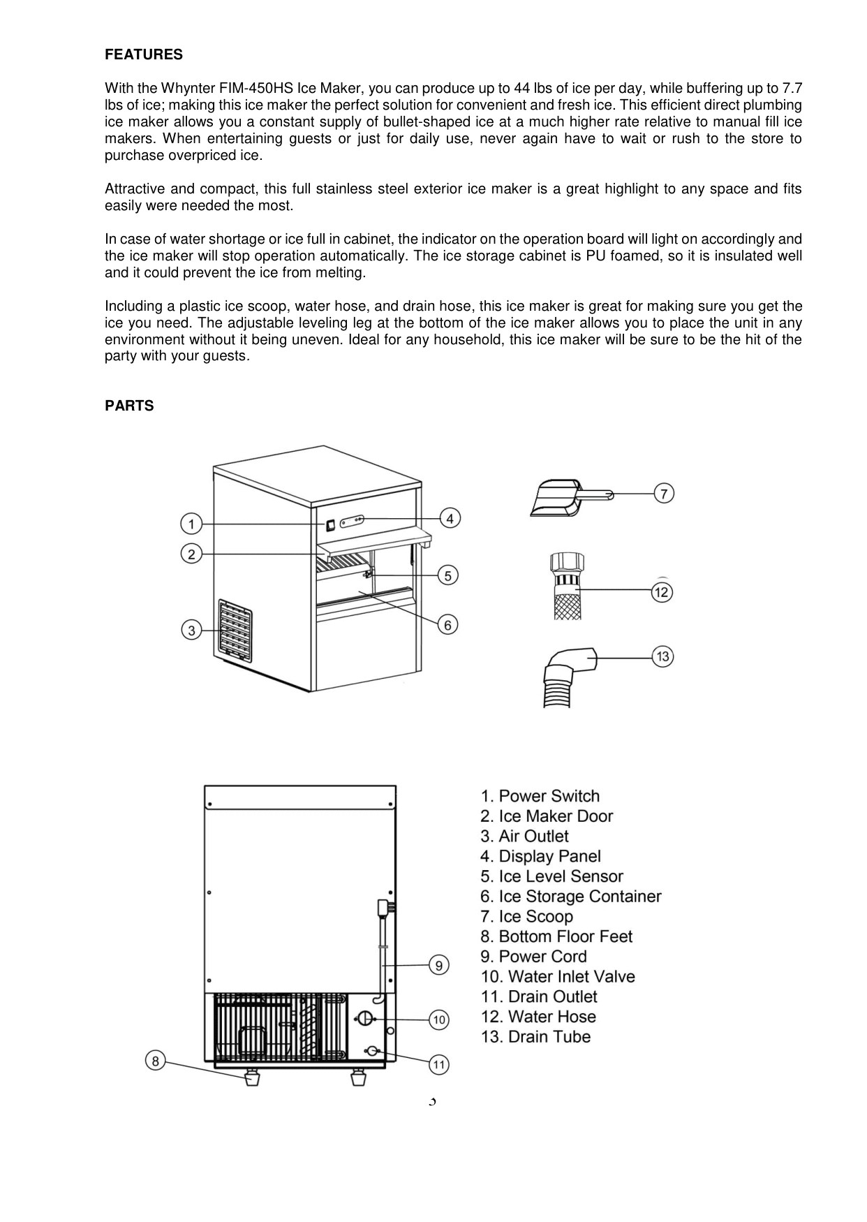 Parts diagram for the Whynter FIM-450HS, from the manufacturer document